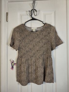 Urban Romantics Leopard Print Smocked Peplum Top Boho Rayon Blouse Size Medium